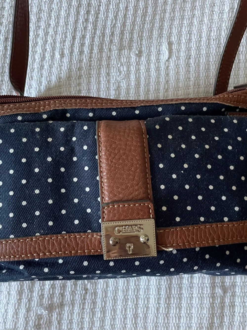 Ralph Lauren Navy Polka Dot Belt Bag with Brown Trim